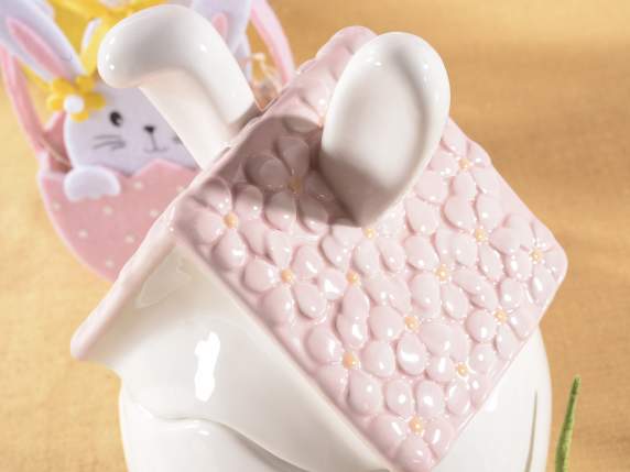 Contenitore portadolci in ceramica a casetta con coniglio