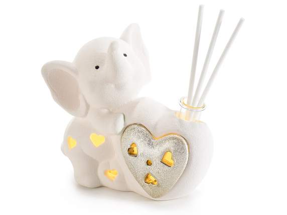 Elefantino porcellana c-cuore, luce LED e stick p-profumare