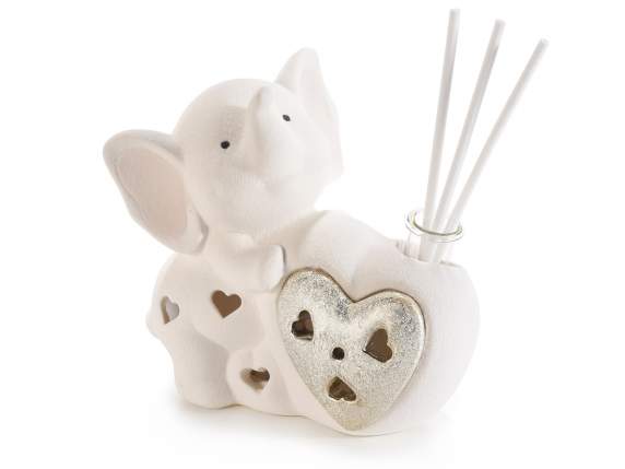 Elefantino porcellana c-cuore, luce LED e stick p-profumare