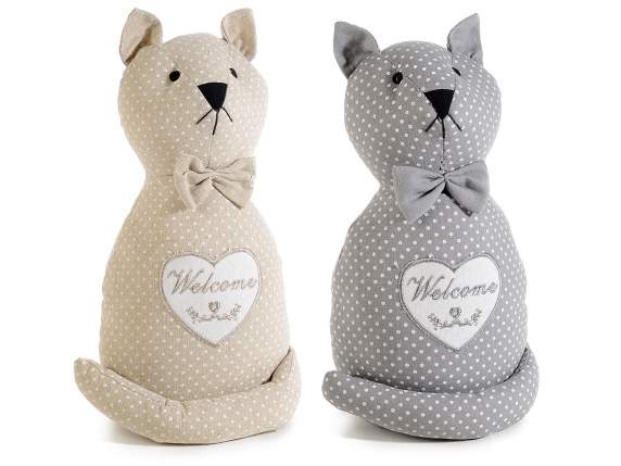 Fermaporta gatto in stoffa con scritta Welcome e pois