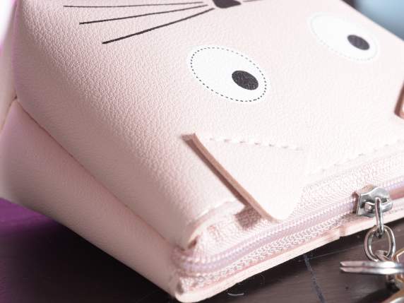 Portamonete in similpelle a gatto con orecchie cucite
