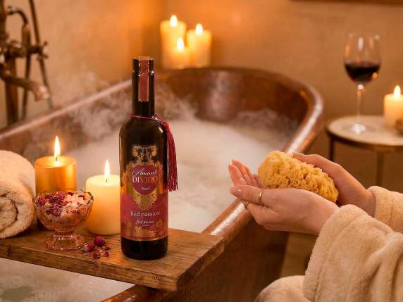 Gel doccia profumato 530 ml in bottiglia vino con nappina