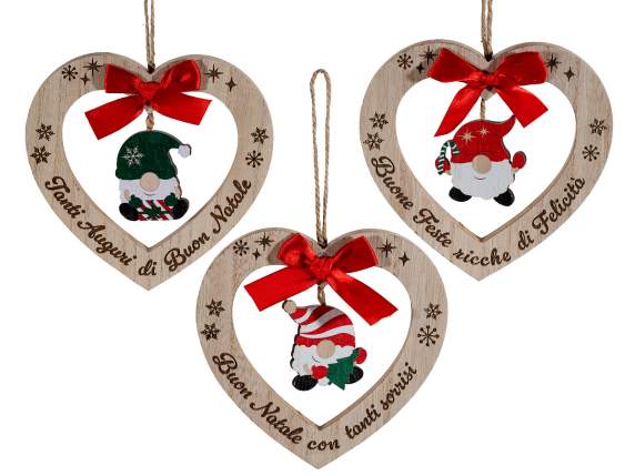 Cuore legno da appendere con decoro gnomo, fiocco e scritte
