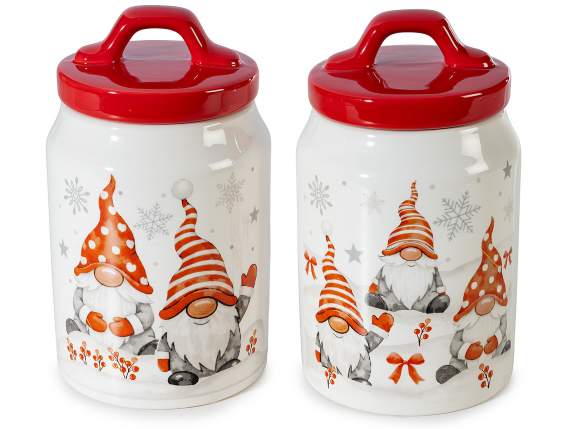 Barattolo alimentare ceramica con coperchio e decori gnomi