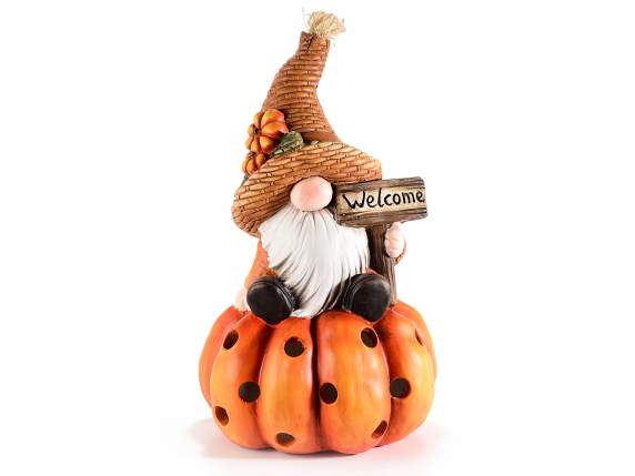 Gnomo in magnesia su zucca con scritta e luci LED