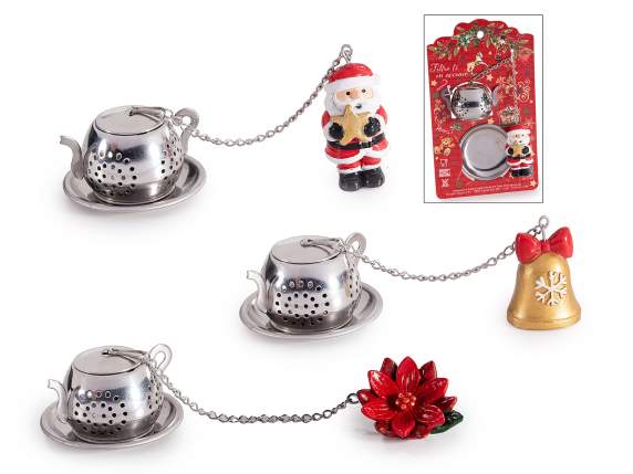 Infusore acciaio inox a teiera con piattino e decoro Natale