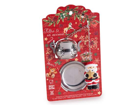 Infusore acciaio inox a teiera con piattino e decoro Natale