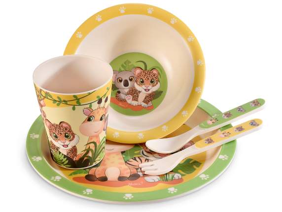 Set pappa in melamina 5pz ,piatto,bicchiere, fondo, 2 posate