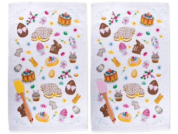 Asciugapiatti cotone ricami pasquali con spatola silicone