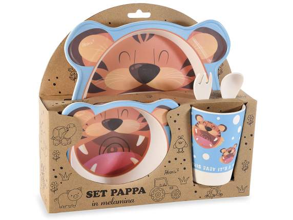 Set pappa in melamina 5pz ,piatto,bicchiere, fondo, 2 posate