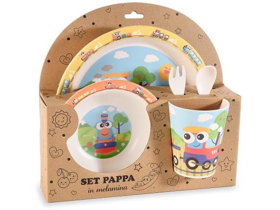 Set pappa in melamina 5pz ,piatto,bicchiere, fondo, 2 posate