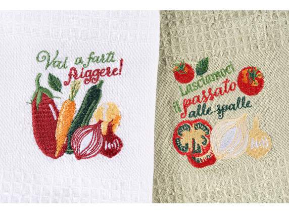 Asciugapiatti ricamato ortaggi in cotone con cucchiaio legno