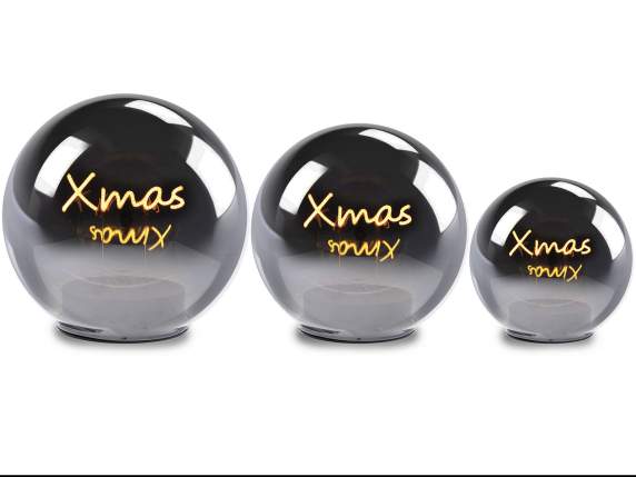Set 3 lampade a sfera vetro specchiato con scritta Xmas LED