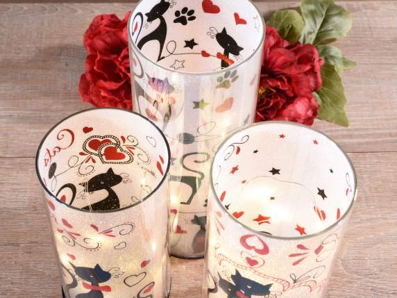 Set 3 lampade in vetro cangiante con luci LED e stampa gatti