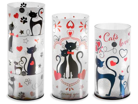Set 3 lampade in vetro cangiante con luci LED e stampa gatti
