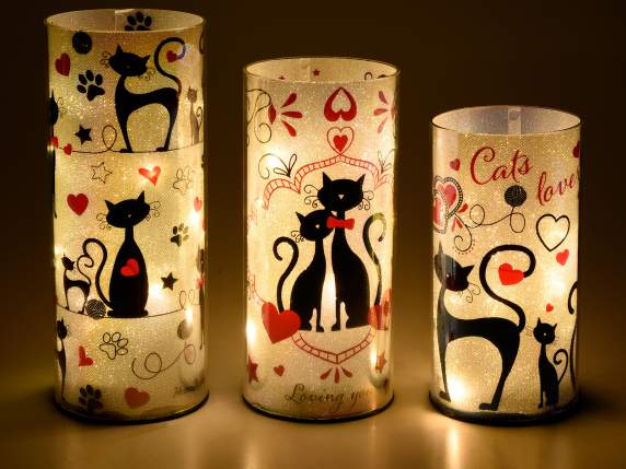 Set 3 lampade in vetro cangiante con luci LED e stampa gatti