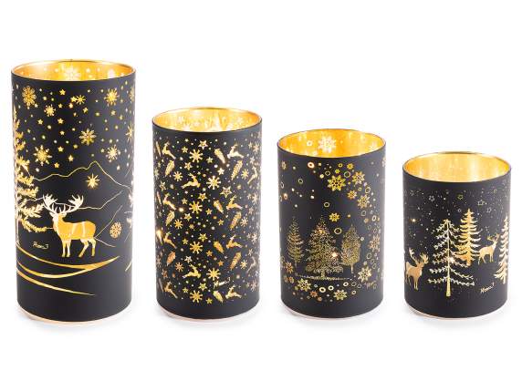 Set 4 lampade natalizie a cilindro in vetro decorato con LED