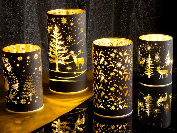 Set 4 lampade natalizie a cilindro in vetro decorato con LED