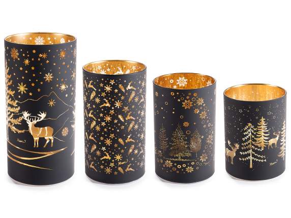 Set 4 lampade natalizie a cilindro in vetro decorato con LED