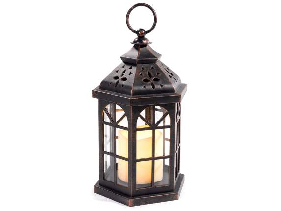 Lanterna effetto metallo con candela elettronica fiamma LED