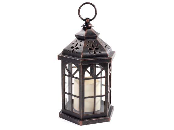 Lanterna effetto metallo con candela elettronica fiamma LED
