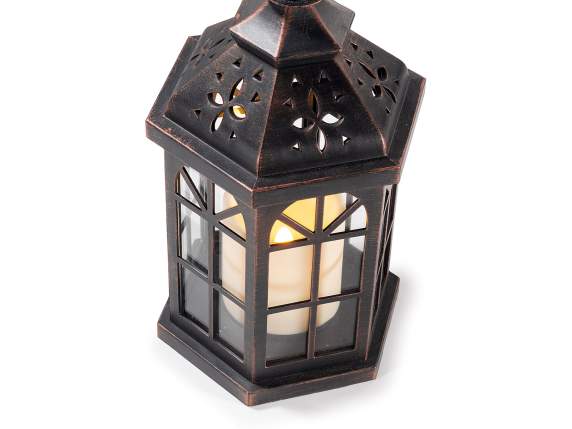 Lanterna effetto metallo con candela elettronica fiamma LED