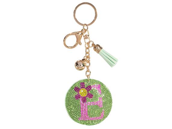 Charm - portachiavi lettera E colorata con strass e pendenti