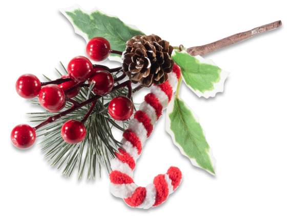 Mazzolino con bastoncino, bacche rosse e pigna