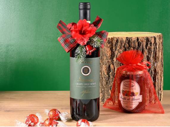 Mazzolino con fiore rosso, campanella, fiocco e aghi di pino