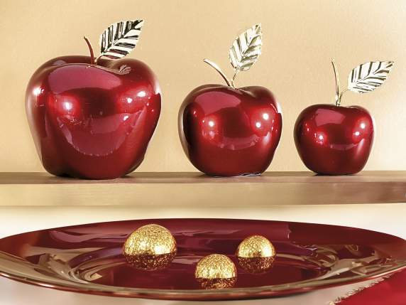 Set 3 mele rosse in ceramica con dettagli simil oro lucido