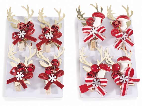 Confezione 4 mollette in legno a renna con decorazione