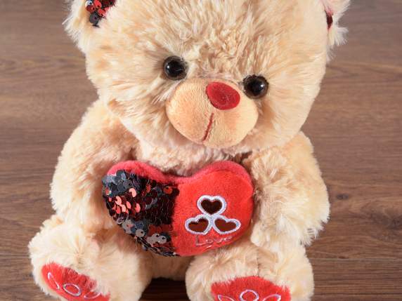 Orsetto peluche con cuore e orecchie paillettes reversibili