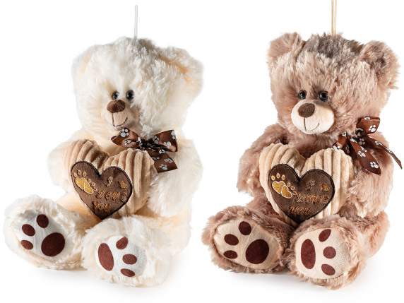 Orsetto di peluche con fiocco e cuore in velluto e cordino