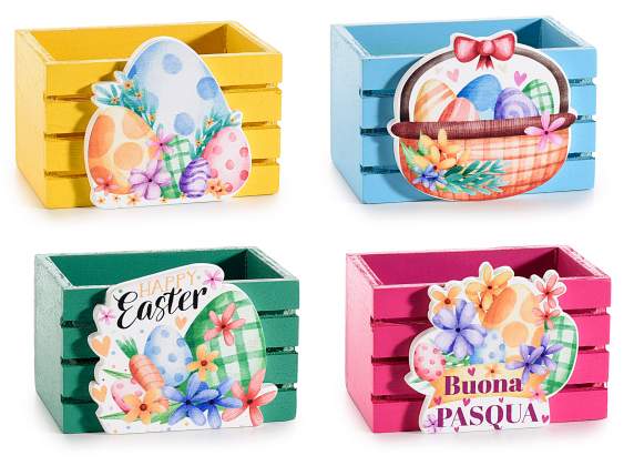 Cestino in legno a staccionata con decoro Buona Pasqua