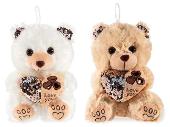 Orsetto peluche con cuore e orecchie paillettes reversibili