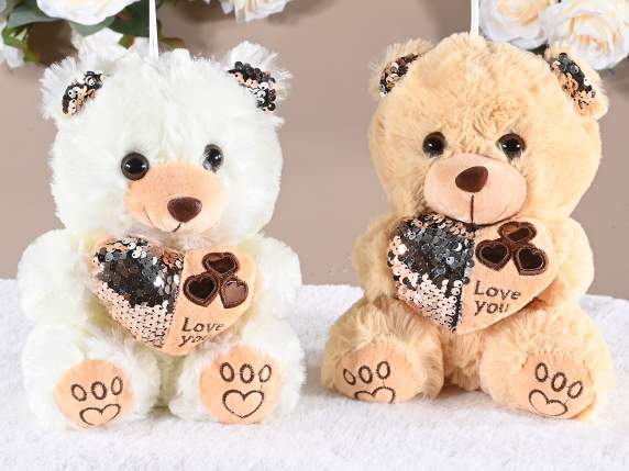 Orsetto peluche con cuore e orecchie paillettes reversibili