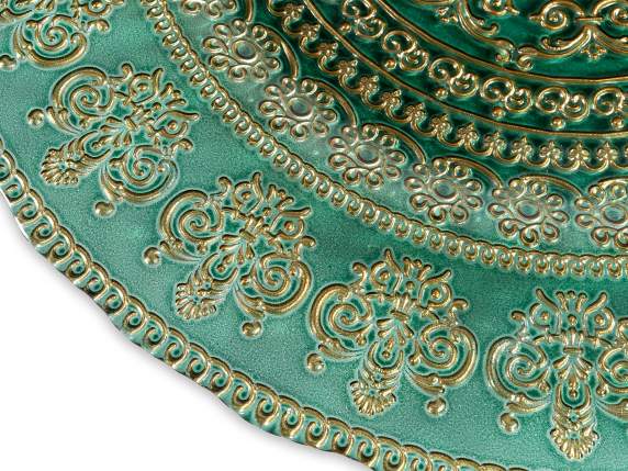 Piatto tondo in vetro alimentare verde con decori dorati