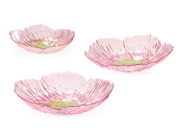 Set 3 piatti alimentari in vetro lavorato e colorato a fiore