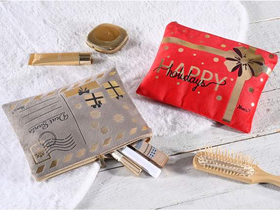 Pochette in velluto con chiusura zip e dettagli dorati