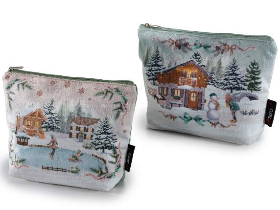 Pochette in morbida stoffa con chiusura a zip stampa Natale