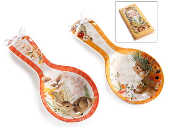 Poggiamestolo in ceramica con fiocco animaletti del bosco