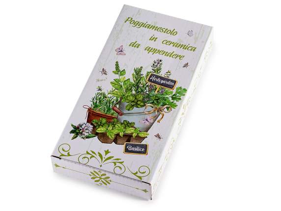 Poggiamestolo in ceramica decori erbe aromatiche e fiocco