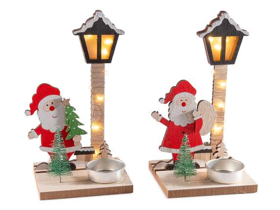 Decoro natalizio in legno, portatealight, Babbo e luci LED