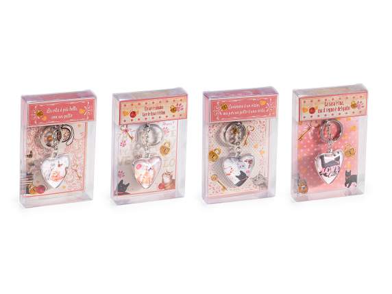 Charm - Portachiavi metallo e resina a cuore decori gattini