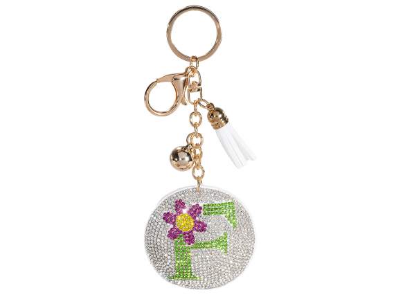 Charm - portachiavi lettera F colorata con strass e pendenti