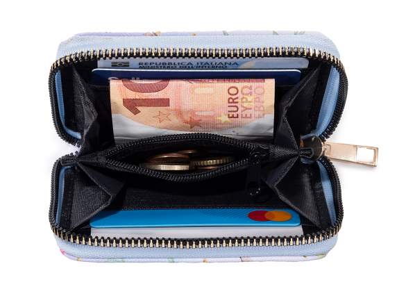 Portafoglio donna similpelle con zip e stampa floreale