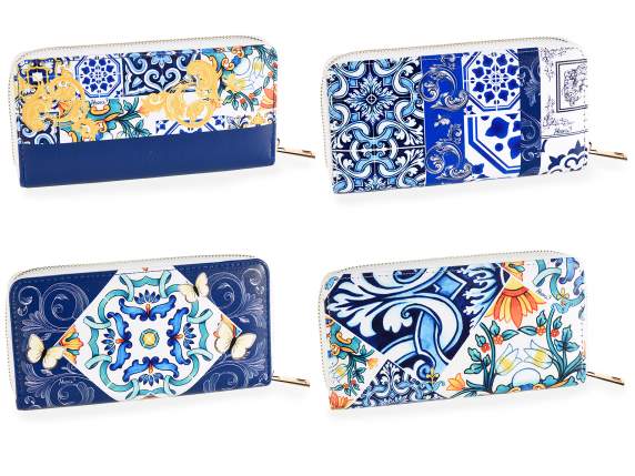 Portafoglio donna similpelle con zip stampa Maiolica