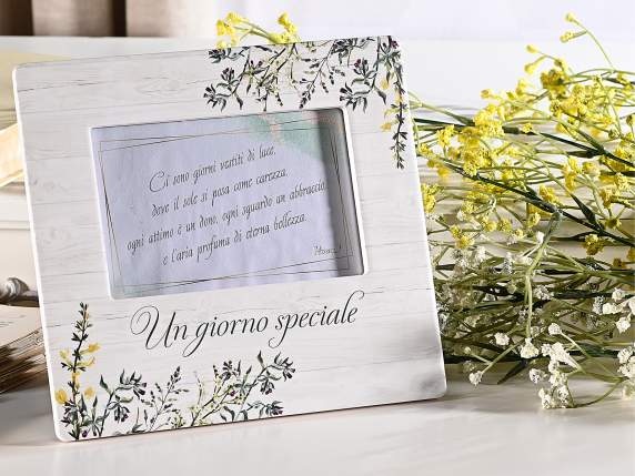 Portafoto in ceramica da appoggiare con scritta e fiori