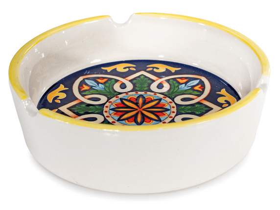 Posacenere in ceramica con decori maiolica e bordo colorato