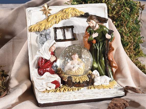 Presepe a libro in resina con palla a neve e glitter